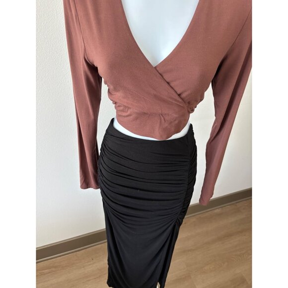 Klassy Network Skirt Medium BodyCon Ruched High Slit Festival Boho Glam Romantic - Picture 14 of 16